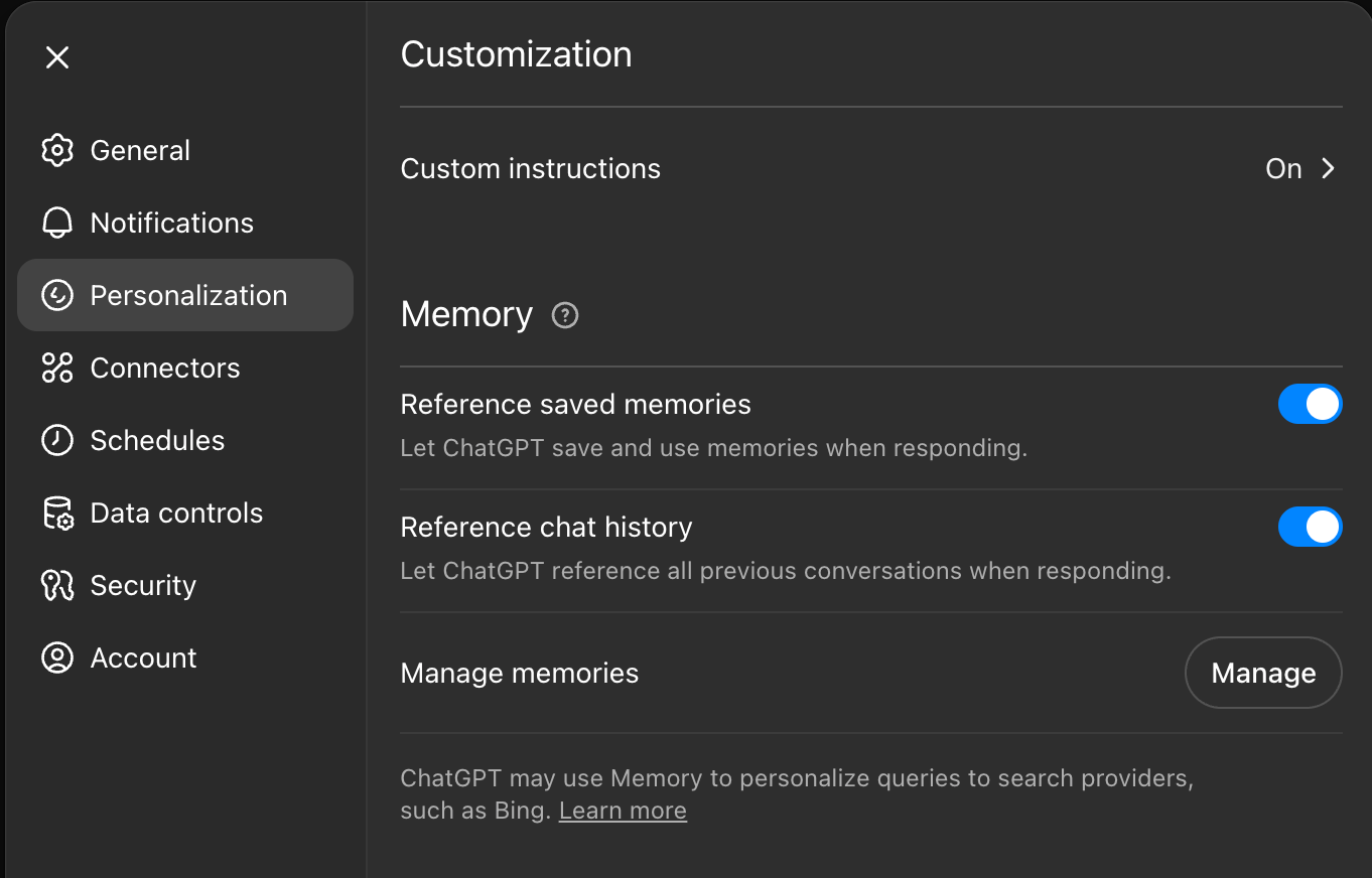 ChatGPT Personalization settings