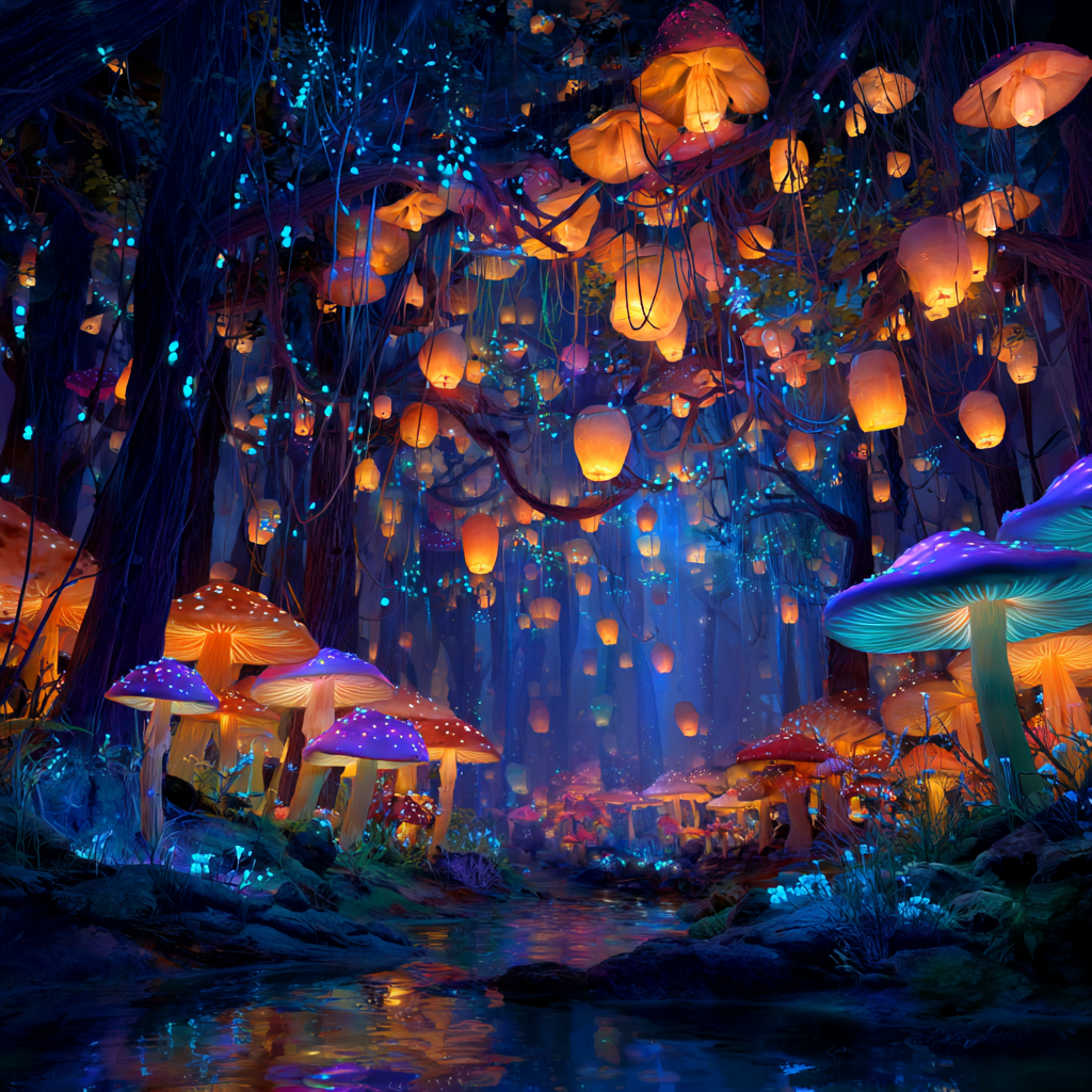 Prompting Example 2, Prompt: A magical forest illuminated by floating lanterns in a fantasy style, vibrant colors with glowing blue mushrooms, inspired by Studio Ghibli
