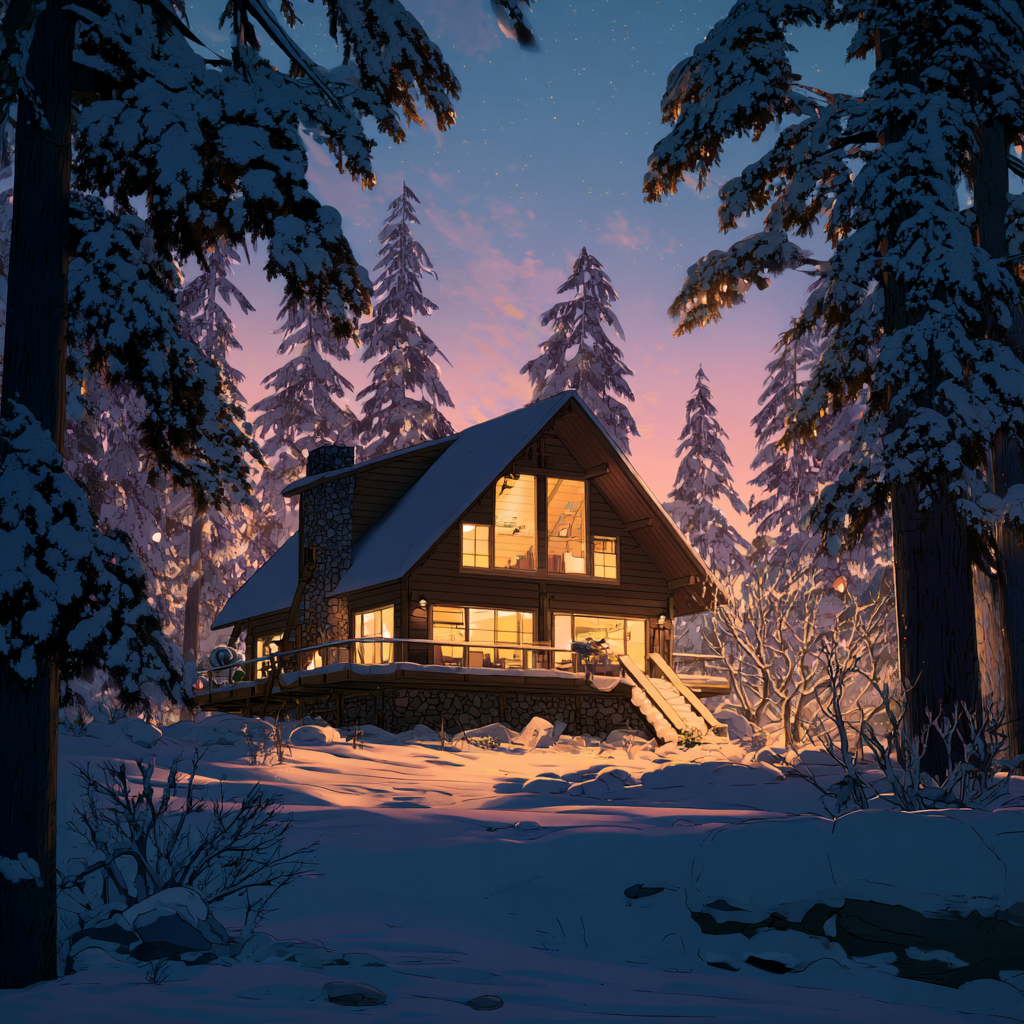 A snowy mountain cabin surrounded by tall pine trees, during twilight with a glowing fireplace illuminating the windows, Japanese Anime Style, wide angle view