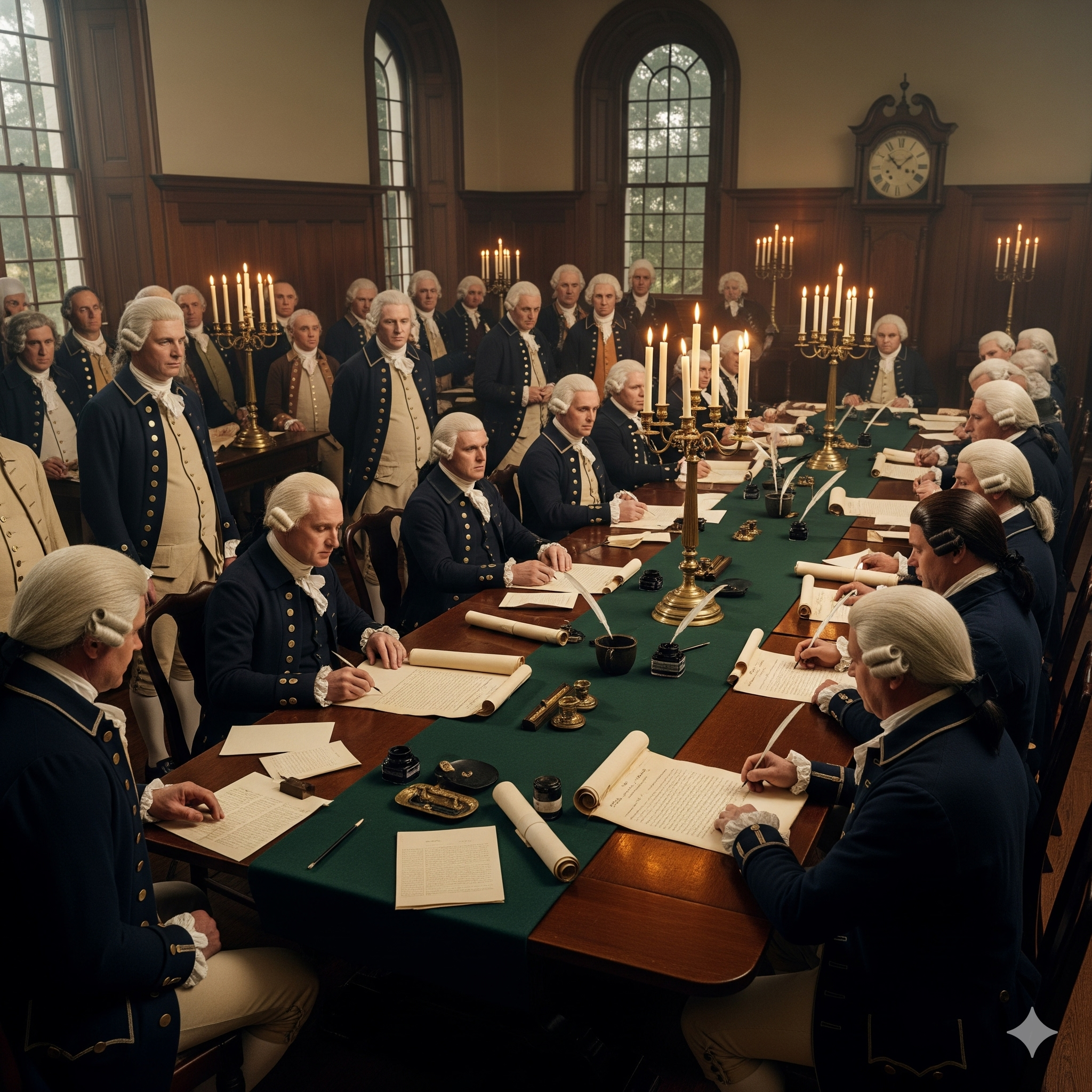 Photorealistic image of the signing of the Declaration of Independence, July 4th 1776, Independence Hall Philadelphia