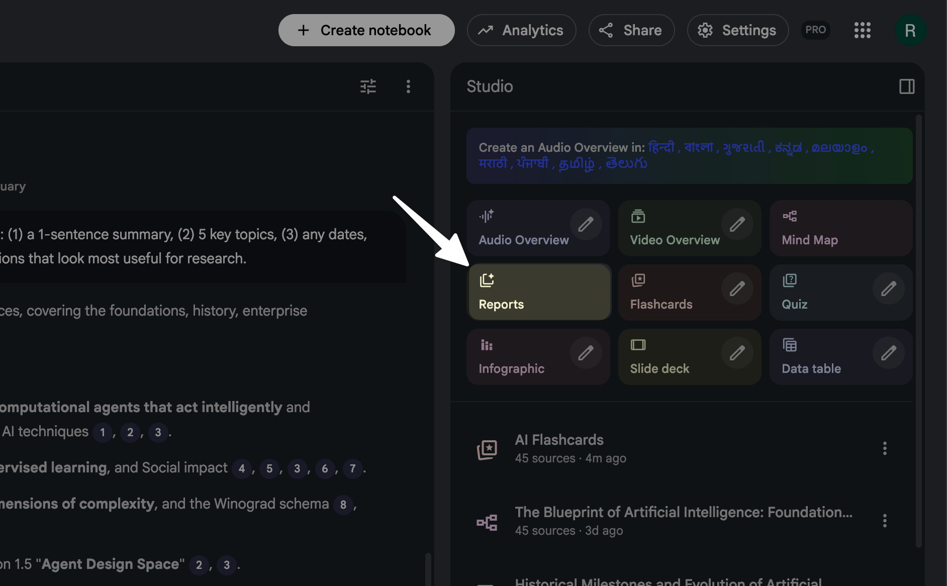 Screenshot of reports function inside notebooklm