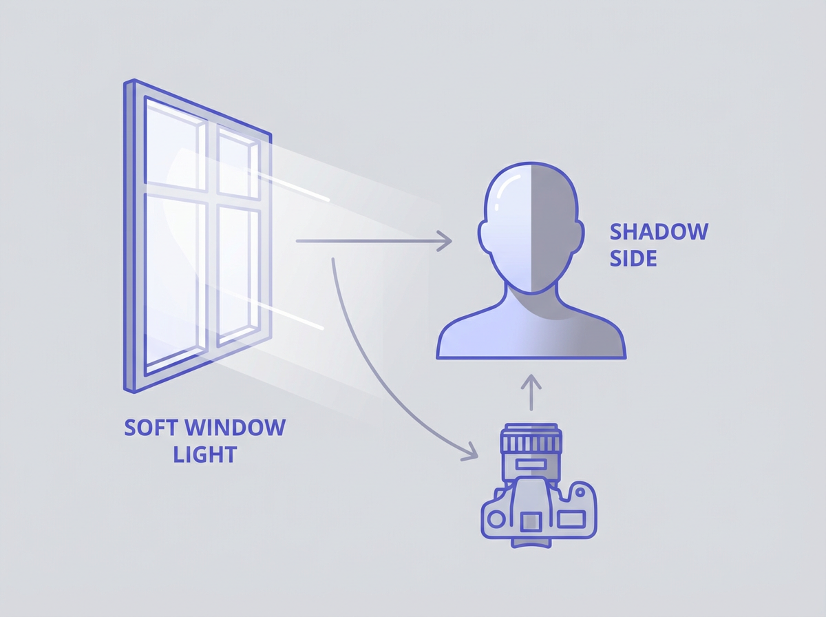 Lighting diagram: subject and camera, single left key soft window light, shadow side—20 Advanced Tricks for AI Image generati