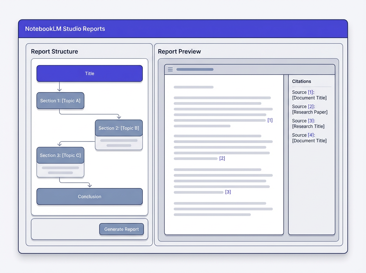 NotebookLM Studio Reports panel with custom structure and cited preview, 20 Types of Reports You Can Generate in NotebookLM (