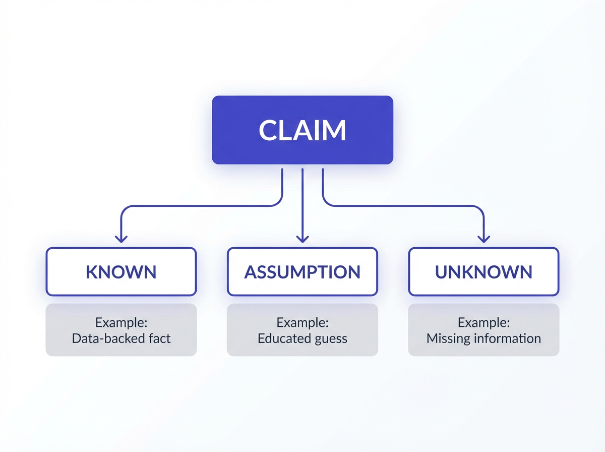 How to Write Prompts That Reduce Flattery and Increase Accuracy: infographic of Claim branching to Known, Assumption, Unknown