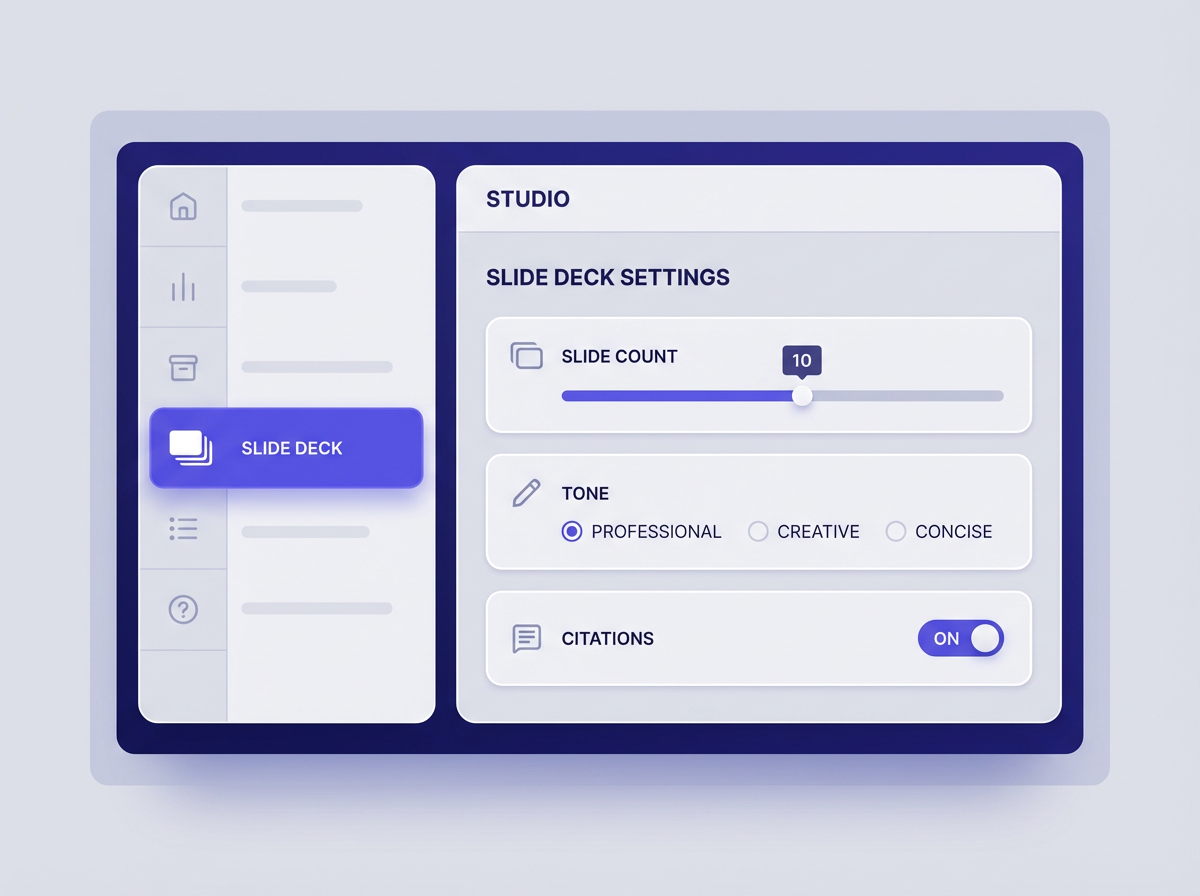 How to create Slide deck in NotebookLM (using its settings): Studio panel with Slide Deck, slide count, tone, citations toggl