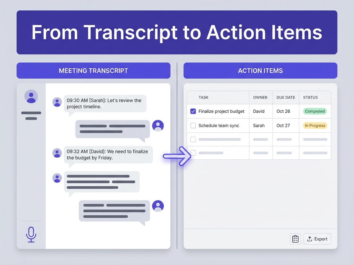 From Transcript to Action Items: transcript beside action-items table; 50 NotebookLM use cases example
