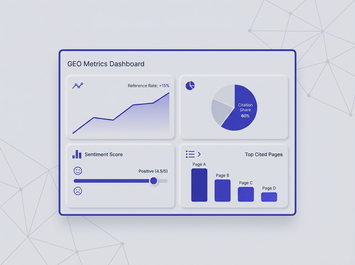 Generative Engine Optimization (GEO) Detailed Guide 2026 (With Checklist) dashboard showing reference rate, citation share, s