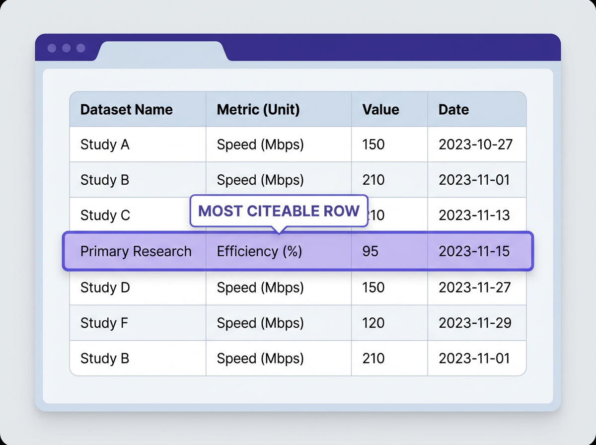 HTML table with headers, units, and highlighted “Most citeable row” for How to Optimize Page Structure for LLM Citations (Tab