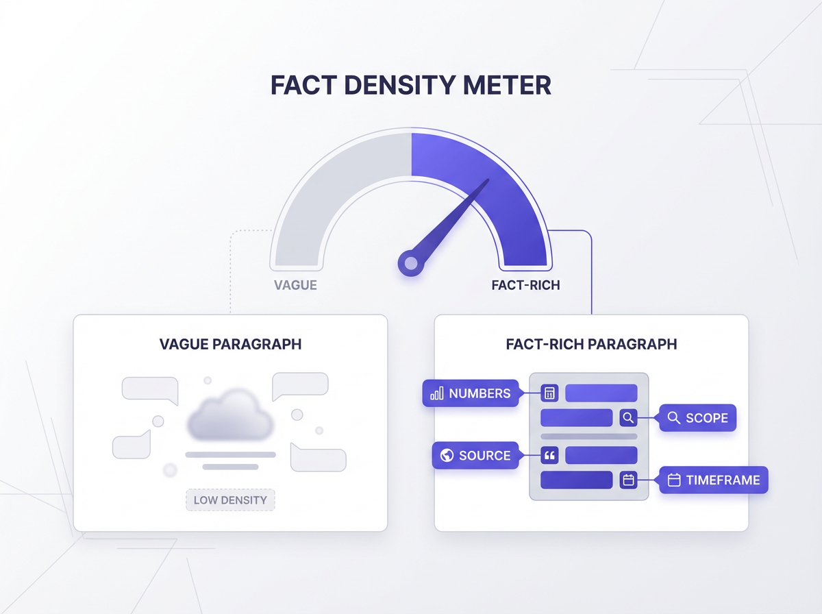 Fact Density Meter compares vague vs fact-rich text; How to Optimize Page Structure for LLM Citations (Tables, Lists, FAQs, F