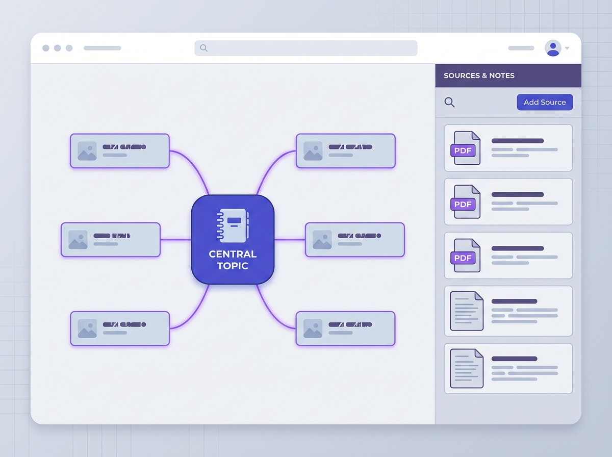 NotebookLM mind map with central topic, 6 branches, sources panel; How to use mindmap feature of notebooklm (10 Use cases)