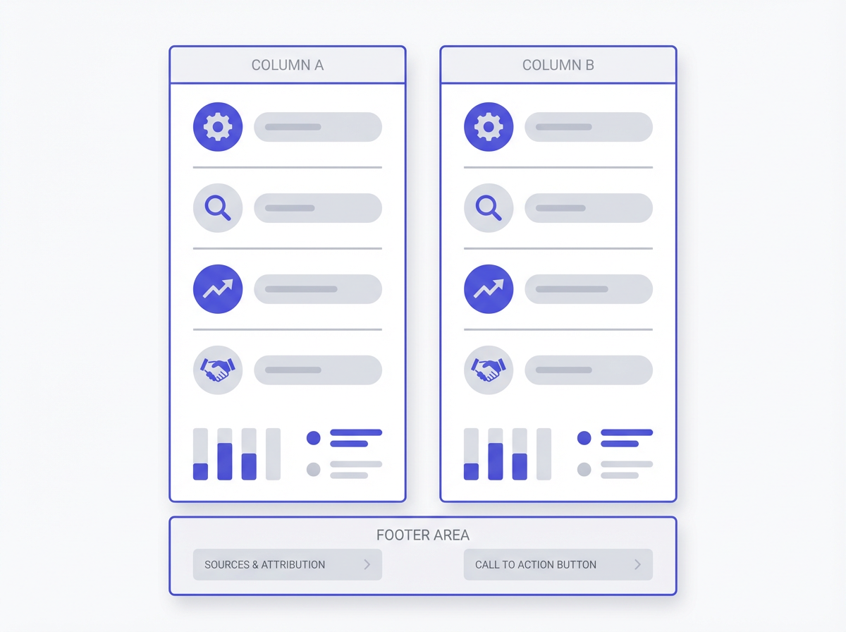 How to create infographics in Notebooklm (best practices) comparison wireframe with two columns, icons, footer CTA and source