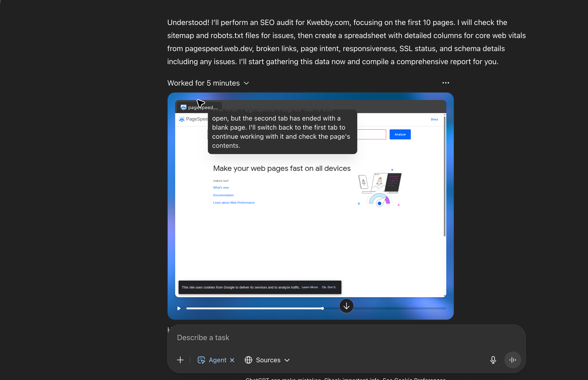 ChatGPT Agent Running SEO Audits