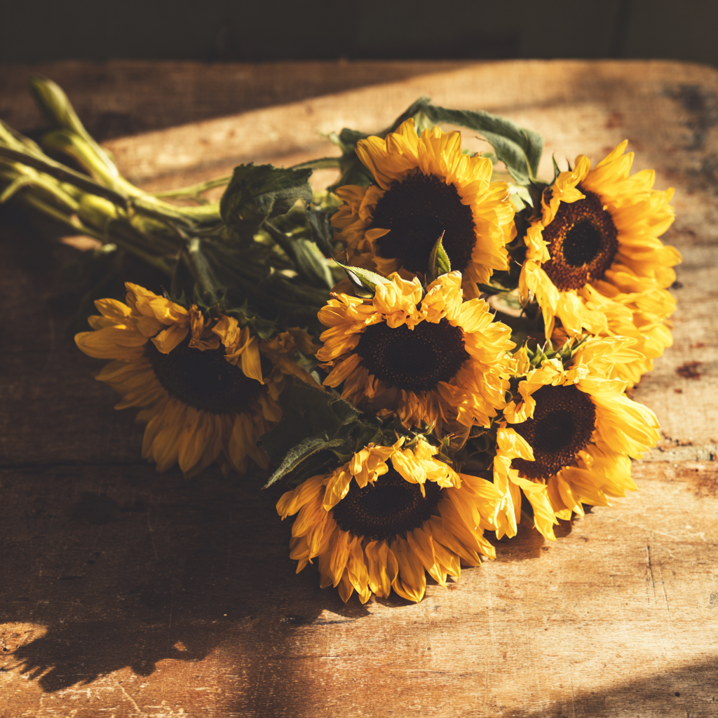 A bouquet of sunflowers on a rustic wooden table, lit by soft morning sunlight, with calm and warm tones, Ansel Adams Style