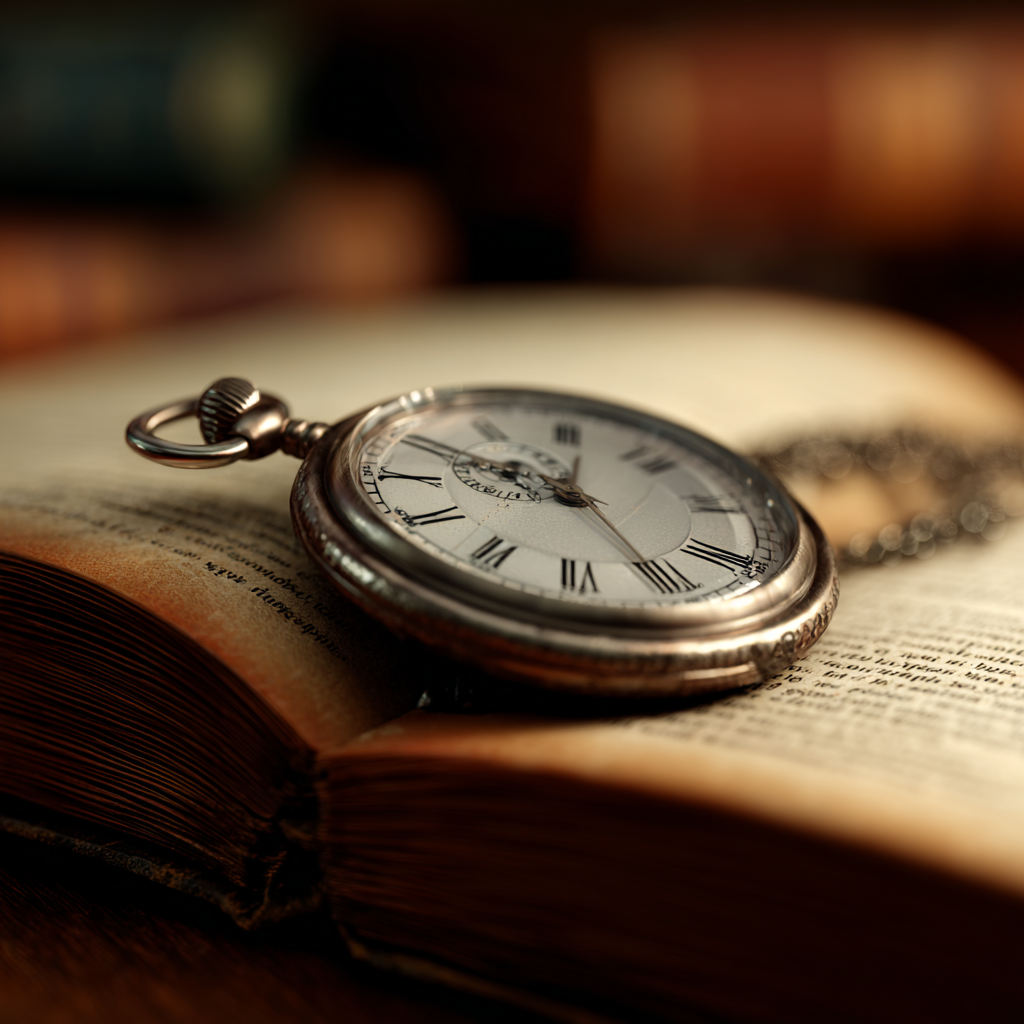 A close-up shot of a vintage pocket watch lying on an open book, with a shallow depth of field blurring the background, Photorealistic
