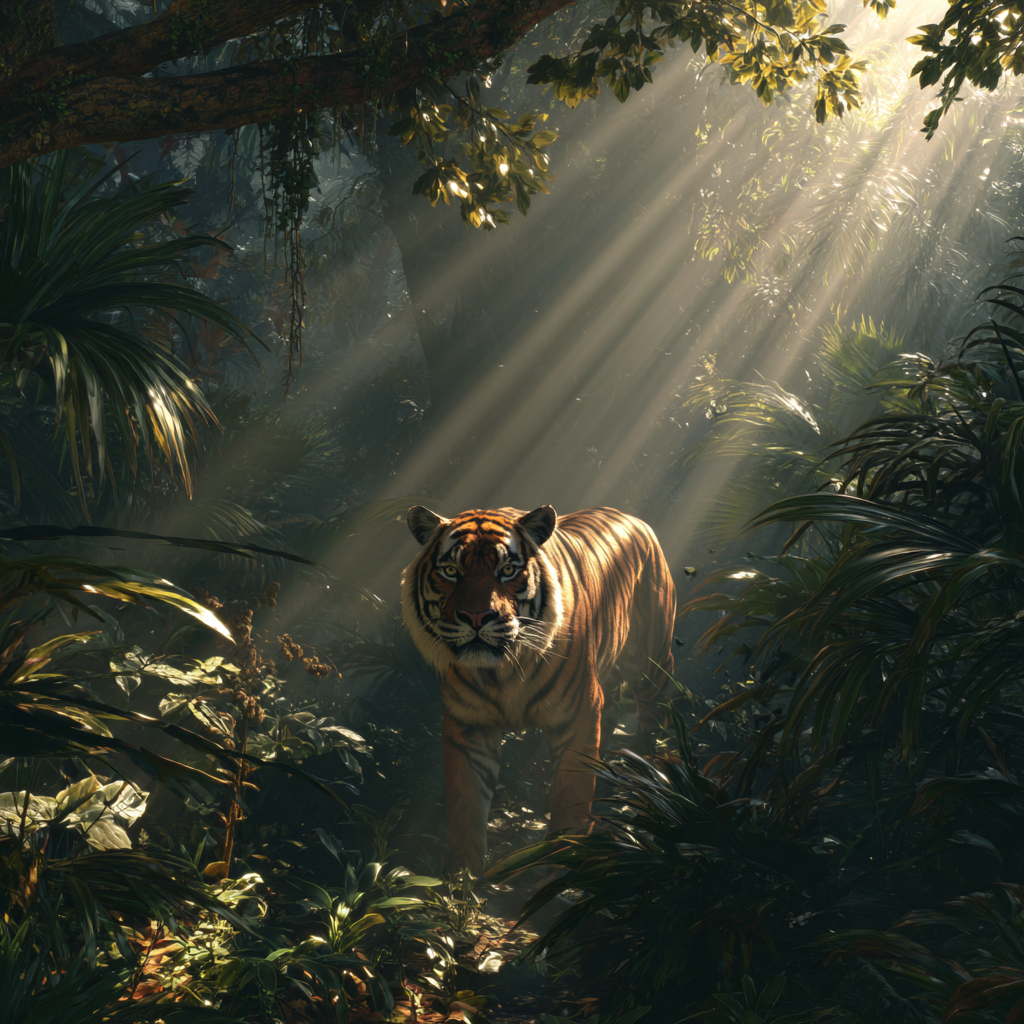 Prompting Example, Prompt: A majestic Bengal tiger prowling through a dense rainforest, spotted with beams of sunlight, photorealistic style, wide-angle view.