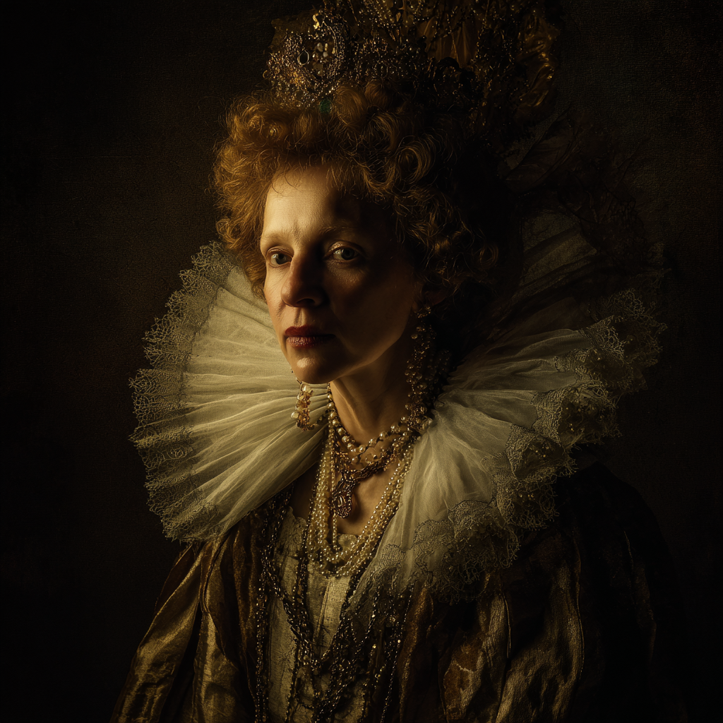 A portrait of a queen dressed in Elizabethan attire, painted in the style of Rembrandt with dramatic chiaroscuro lighting.