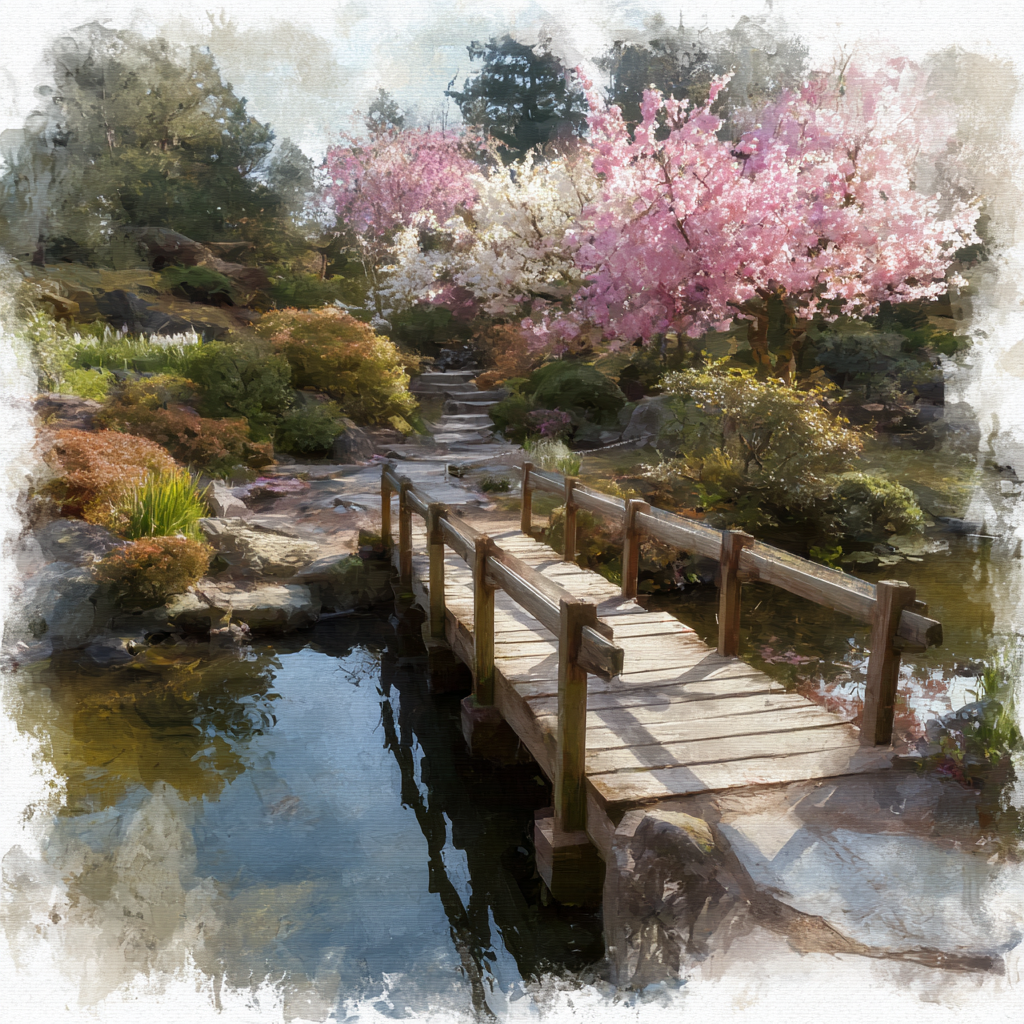 Prompt: A serene Japanese garden during spring, featuring a wooden bridge over a koi pond, cherry blossoms in full bloom, and soft diffused sunlight, painted like a traditional watercolor.