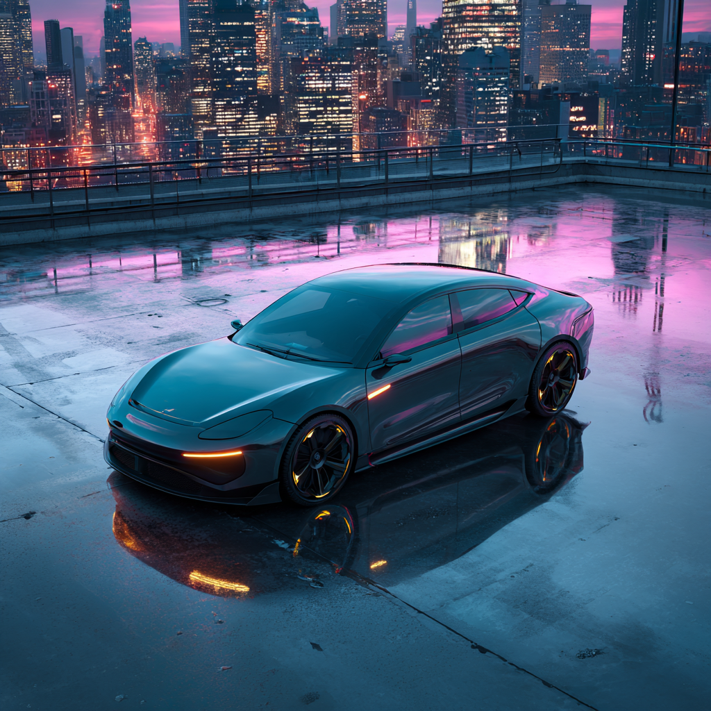 Prompting example 2, Prompt: A sleek futuristic electric car parked on a rooftop with a city skyline in the background at dusk, reflecting neon lights, Photorealistic, Bird Eye view