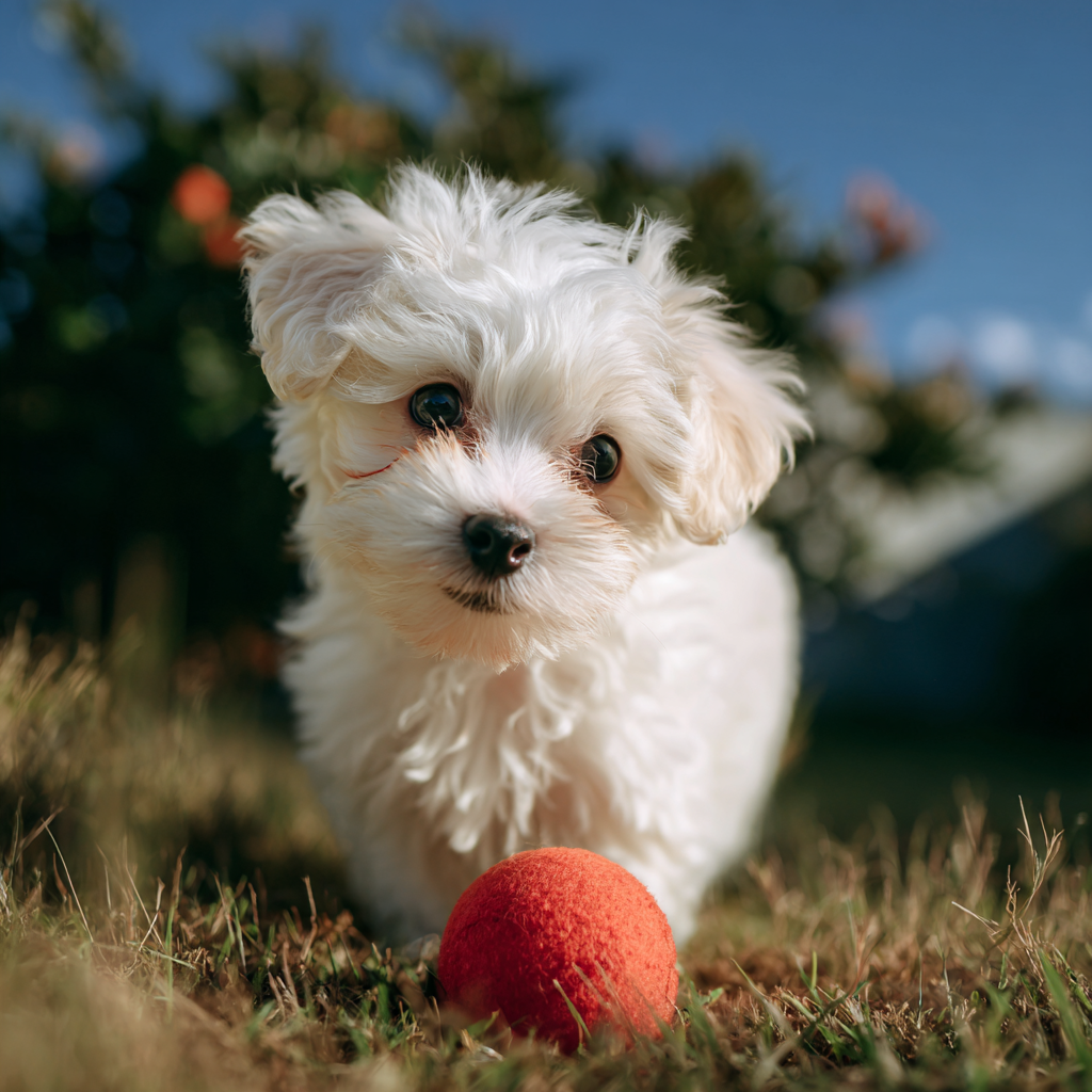 Prompt: "A small white Maltese puppy with curly fur playing with a red ball in a grassy backyard, 90s style, low angle shot"