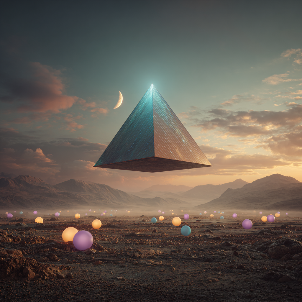 Prompting example 1, Prompt: A surreal landscape with a floating glass pyramid above a desert, with soft pastel skies and glowing orbs scattered across the ground, 3D Animated, On Ground View