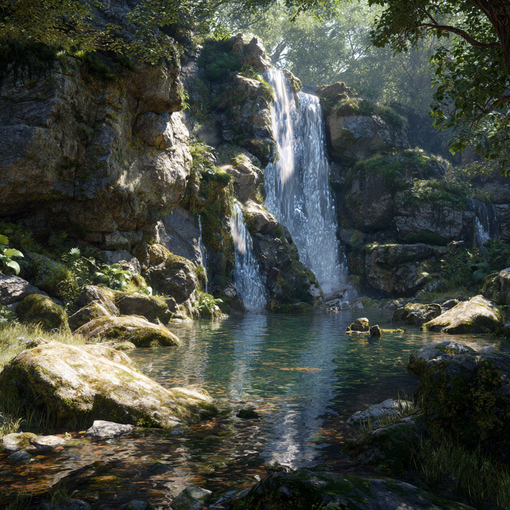 Prompt: Crystal-clear waterfall, surrounded by moss-covered rocks, bright sunlight, photorealistic, wide frame.