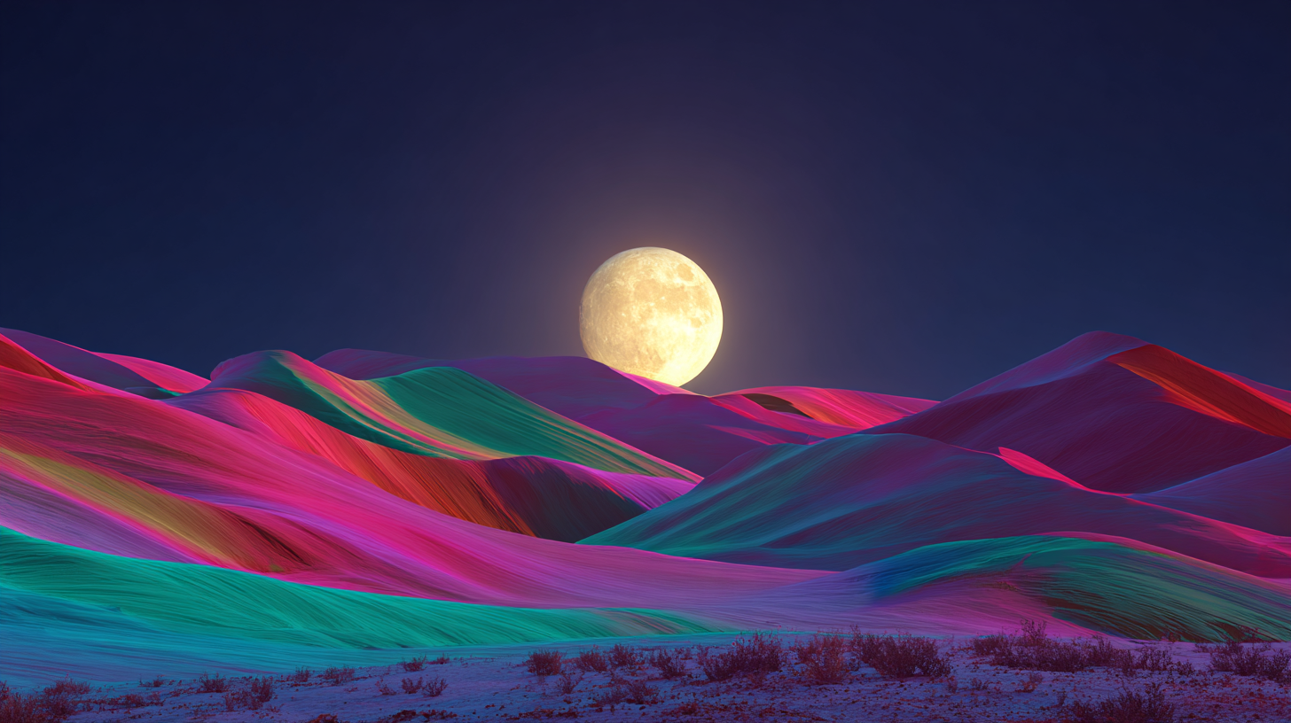 Prompt: Surreal nightscape of a glowing full moon over rolling sand dunes, colored in vivid neon hues, cinematic and dreamy --ar 16:9 --no humans