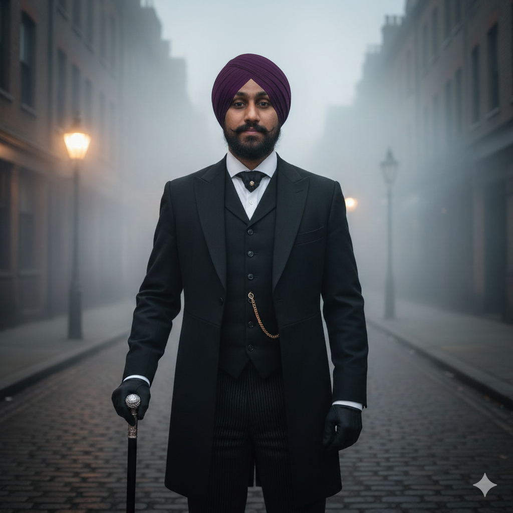 Prompt = Convert to Victorian era gentleman, wearing formal black suit with pocket watch, top hat, refined mustache, holding walking cane, London street background with gas lamps, cobblestone streets, fog atmosphere