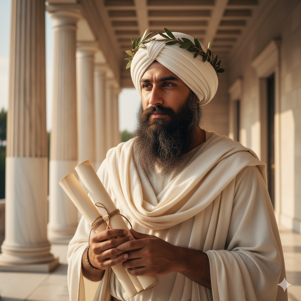 Prompt - Transform into ancient Greek philosopher, wearing white toga draped elegantly, beard and thoughtful expression, scrolls in hand, marble columns background, olive branch crown, classical Greek architecture, warm Mediterranean lighting