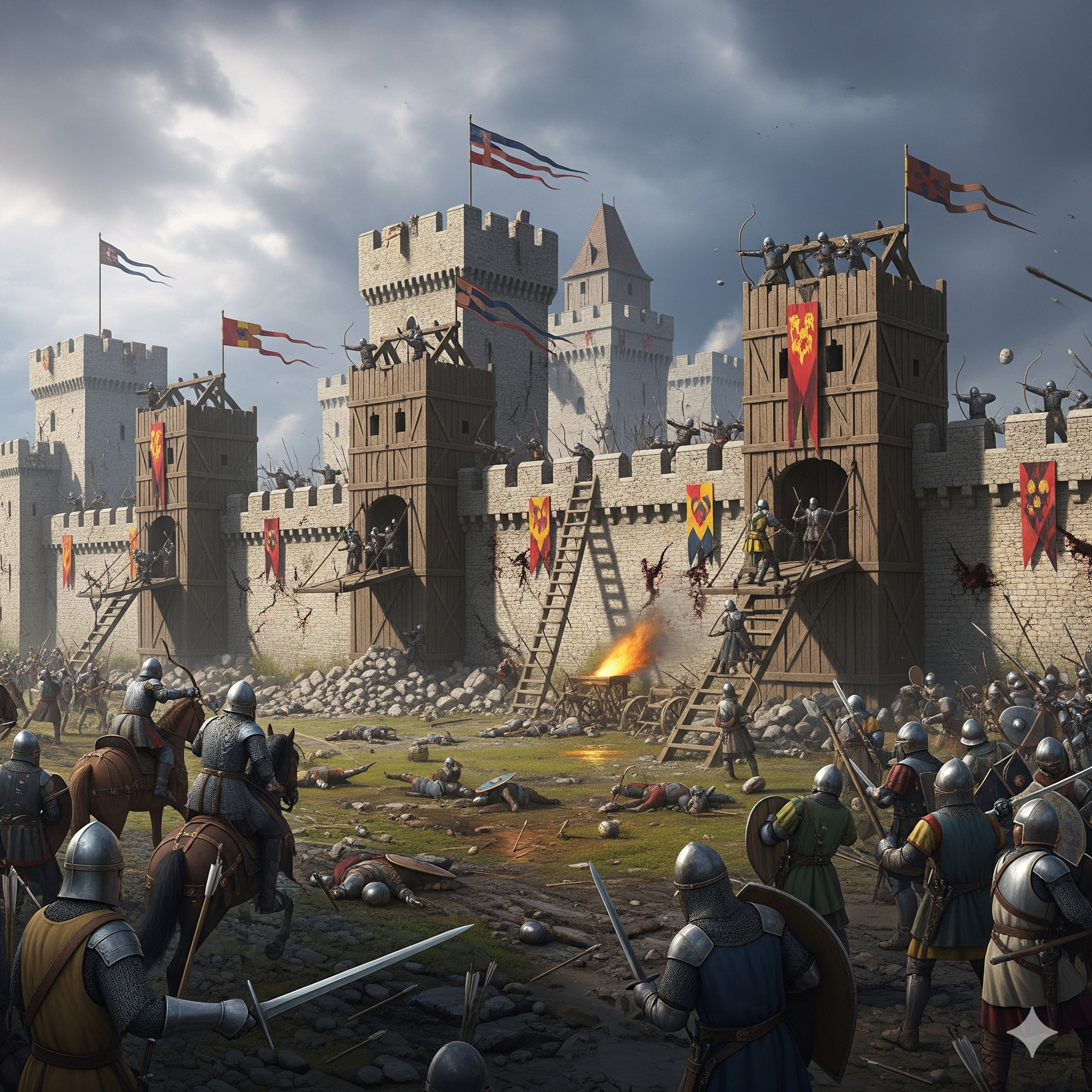 Medieval castle siege, 12th century, knights in chainmail armor, wooden siege towers, stone castle walls, archers on battlements, banners flying, cloudy sky, realistic medieval weapons, muddy battlefield