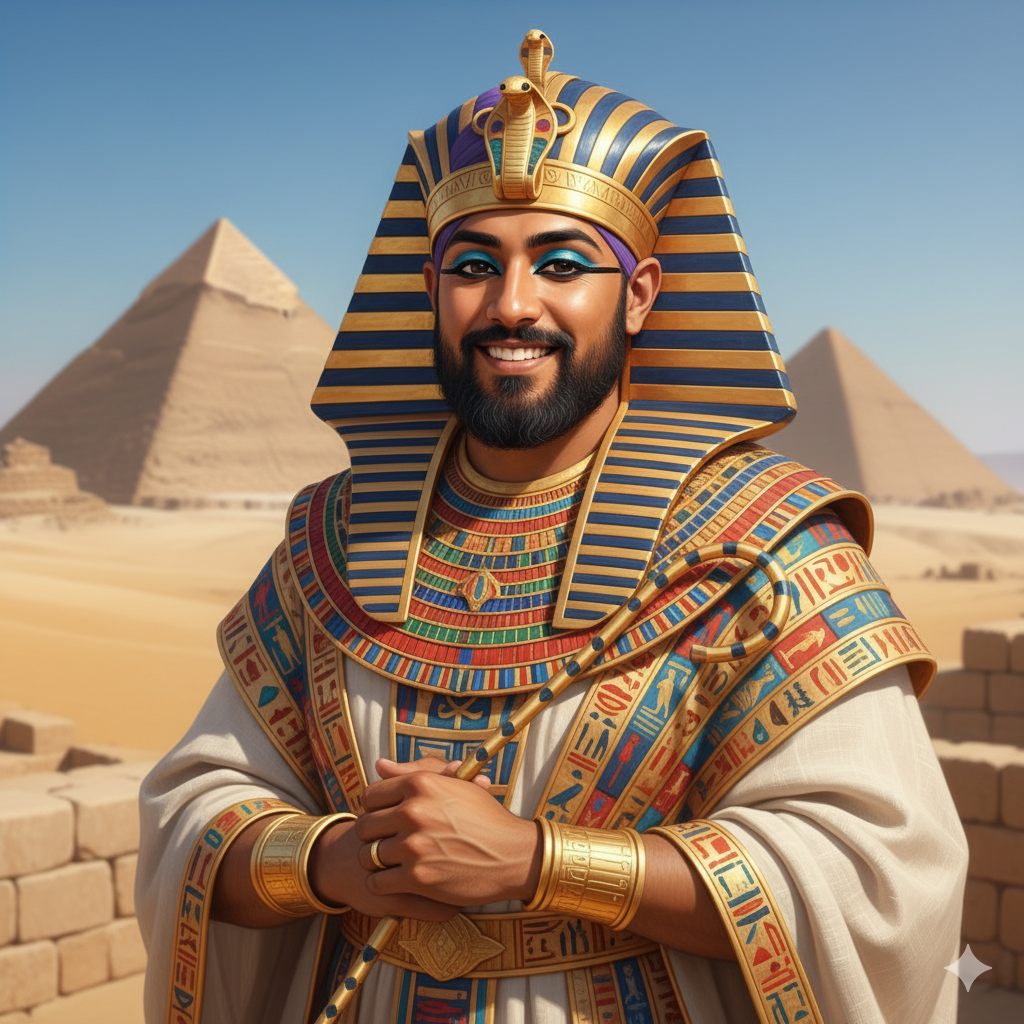 Prompt - Style this person as an ancient Egyptian pharaoh, wearing golden headdress with cobra symbol, elaborate eye makeup, ornate jewelry, royal robes with hieroglyphic patterns, pyramid background, regal pose, authentic ancient Egyptian styling