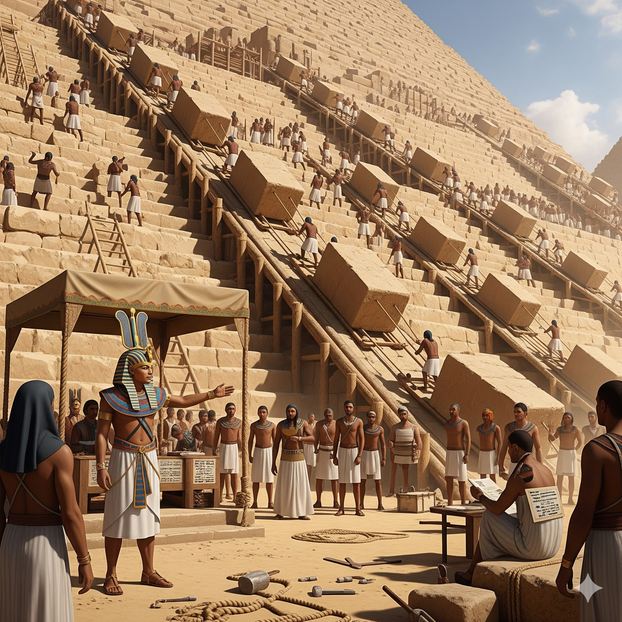image prompt - Egyptian pyramid construction, 2500 BC, workers moving massive stone blocks, wooden ramps, desert setting, pharaoh overseeing construction, traditional Egyptian clothing, tools and ropes, bright sunlight casting dramatic shadows