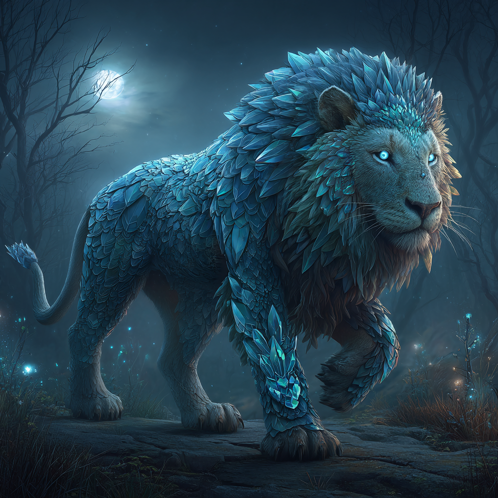 Create image of a fantasy lion, its entire body formed from blue diamonds, walking through a moonlit enchanted forest.