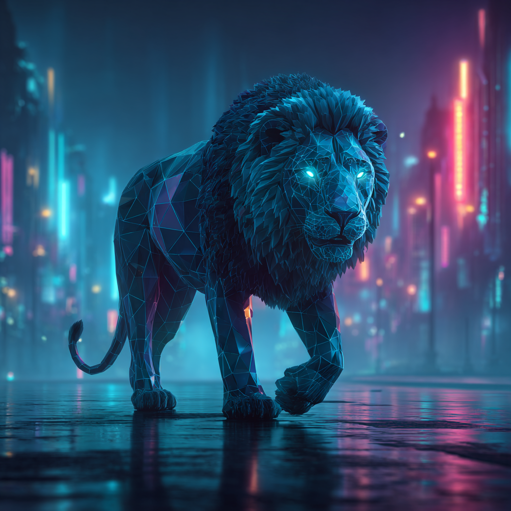 Create image of a futuristic diamond-bodied lion walking confidently into a neon-lit city at night.