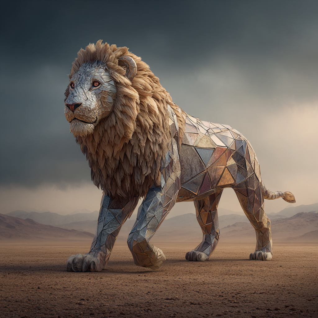 Create image of a giant lion made of rough diamonds, walking slowly across a barren desert.