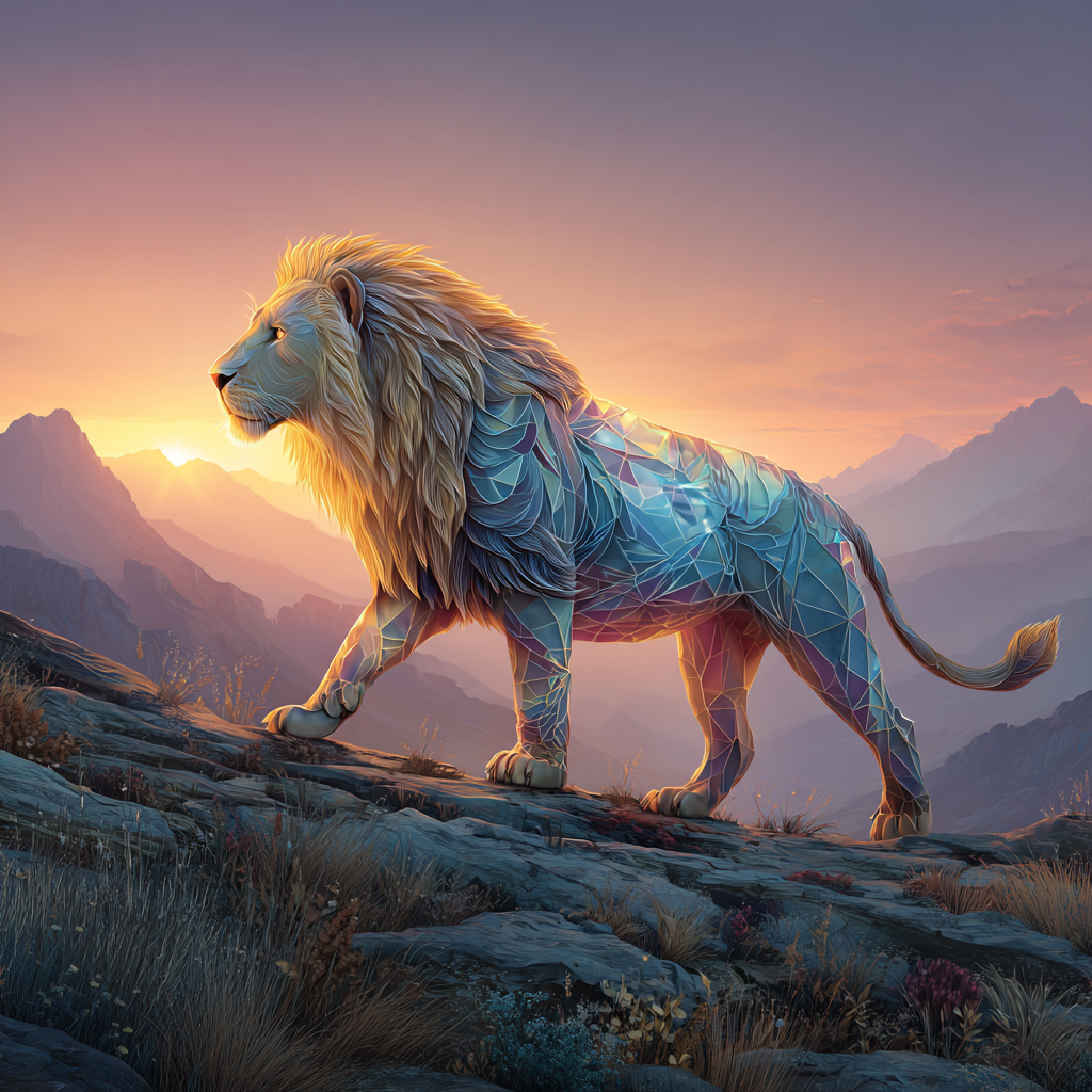 Create image of a golden-maned lion with a translucent diamond body, walking on a mountain ridge at sunrise.