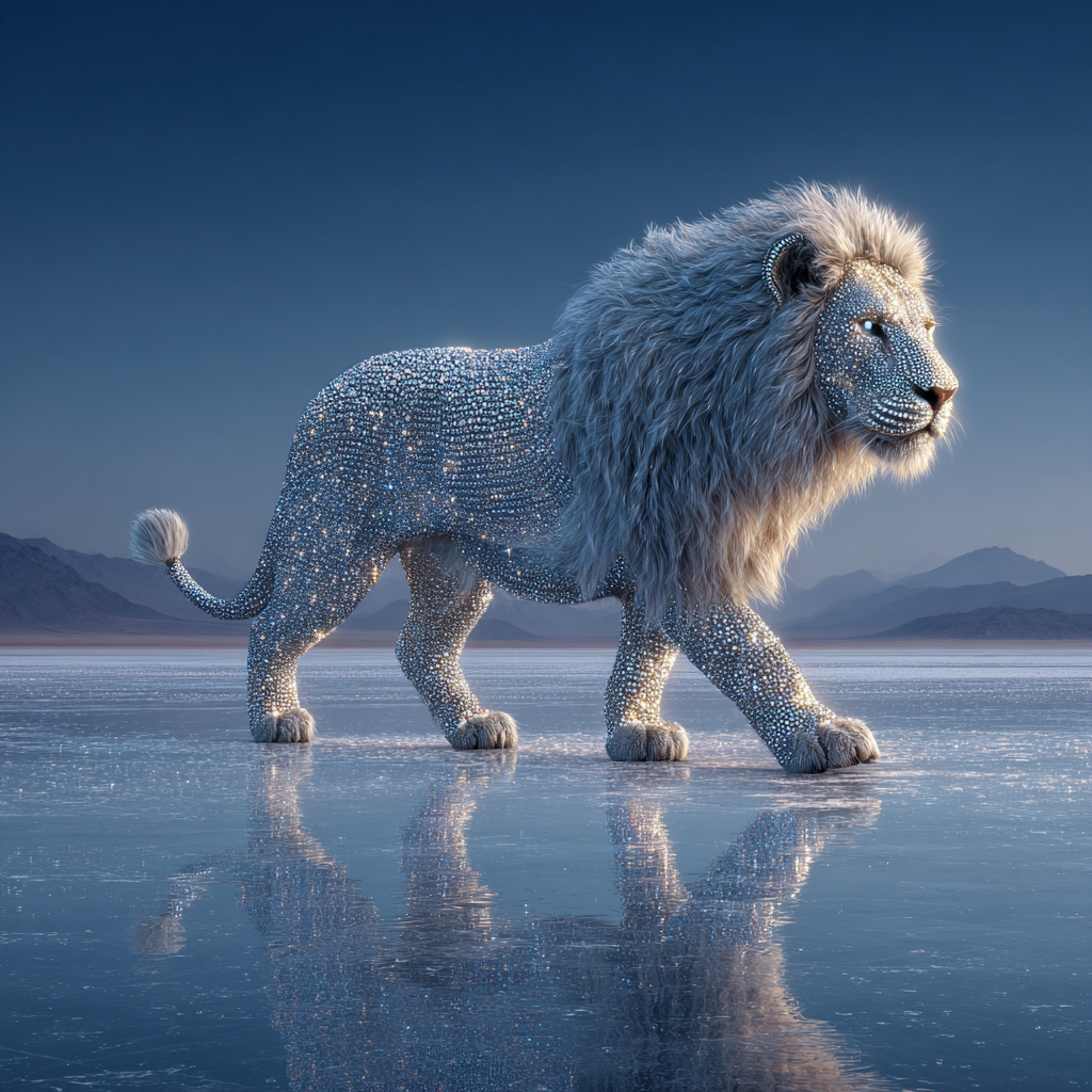 Create image of a lion made entirely of radiant diamonds, walking on a crystal-clear frozen lake.