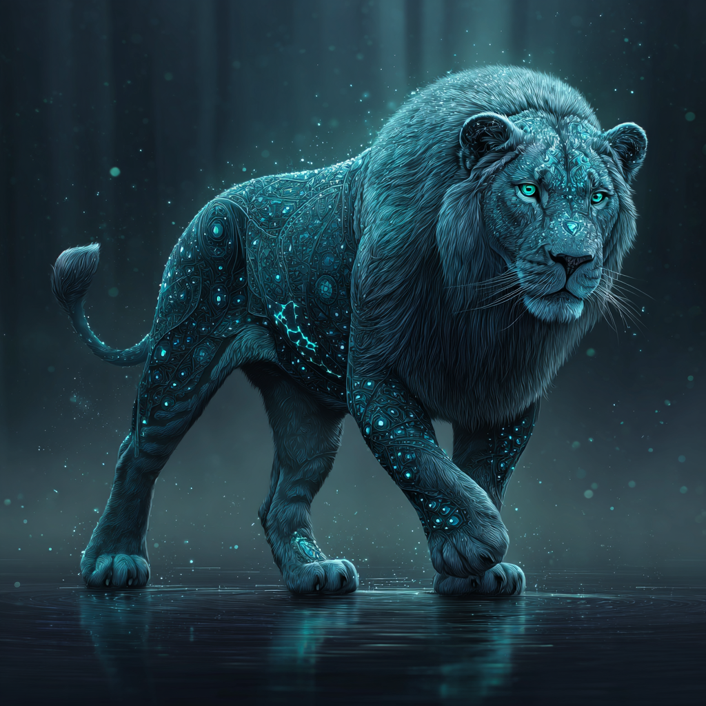 Create image of a lion whose muscular body glistens like cut diamonds, walking through a rainstorm.