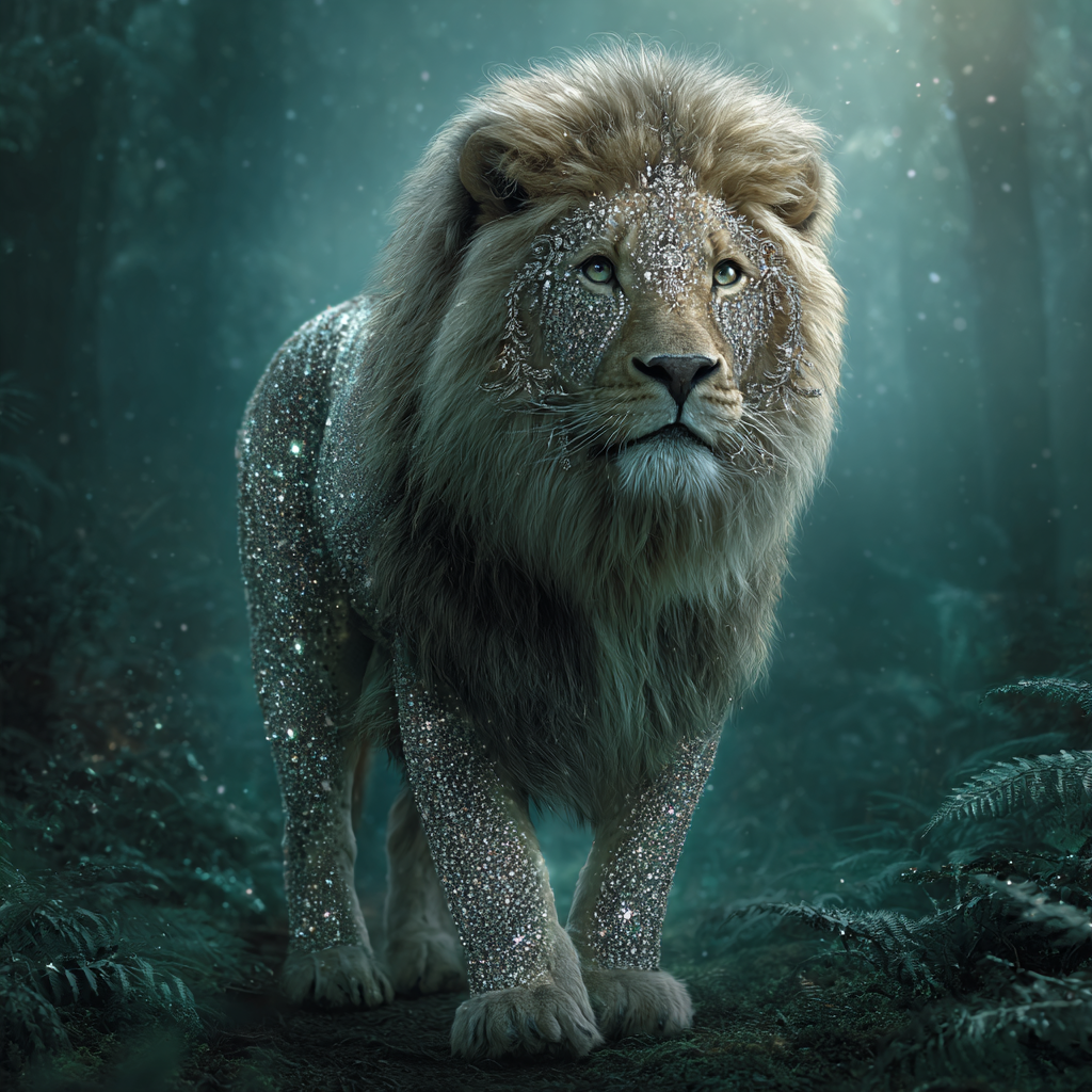 Create image of a majestic lion with a body crafted from sparkling diamonds, walking through a misty jungle.