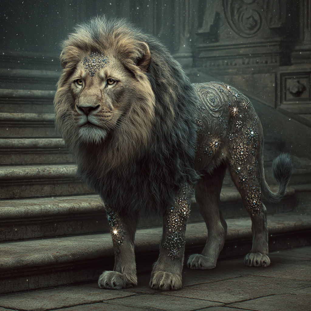 Create image of a royal lion with diamond-embedded fur, walking majestically on marble steps.