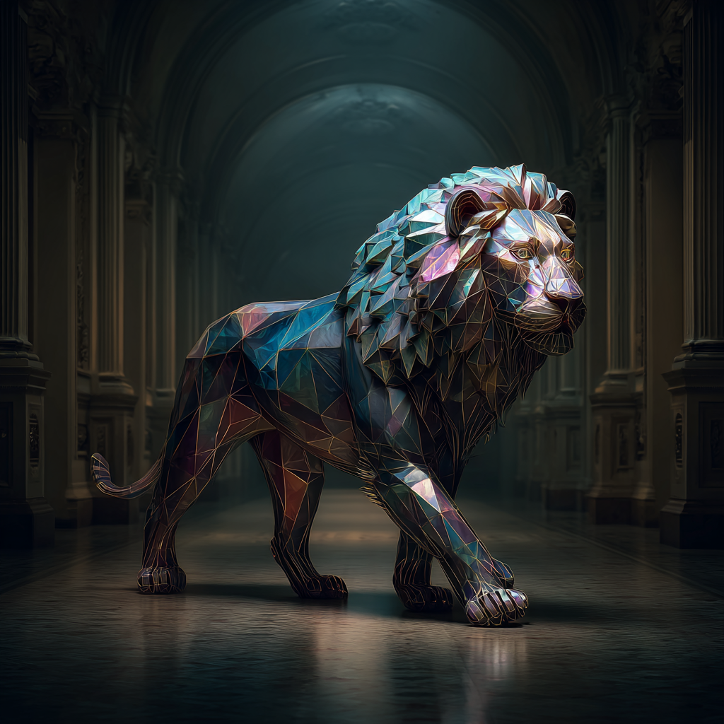 Create image of an artistic lion sculpture with a body resembling a giant gemstone, walking in an art museum.