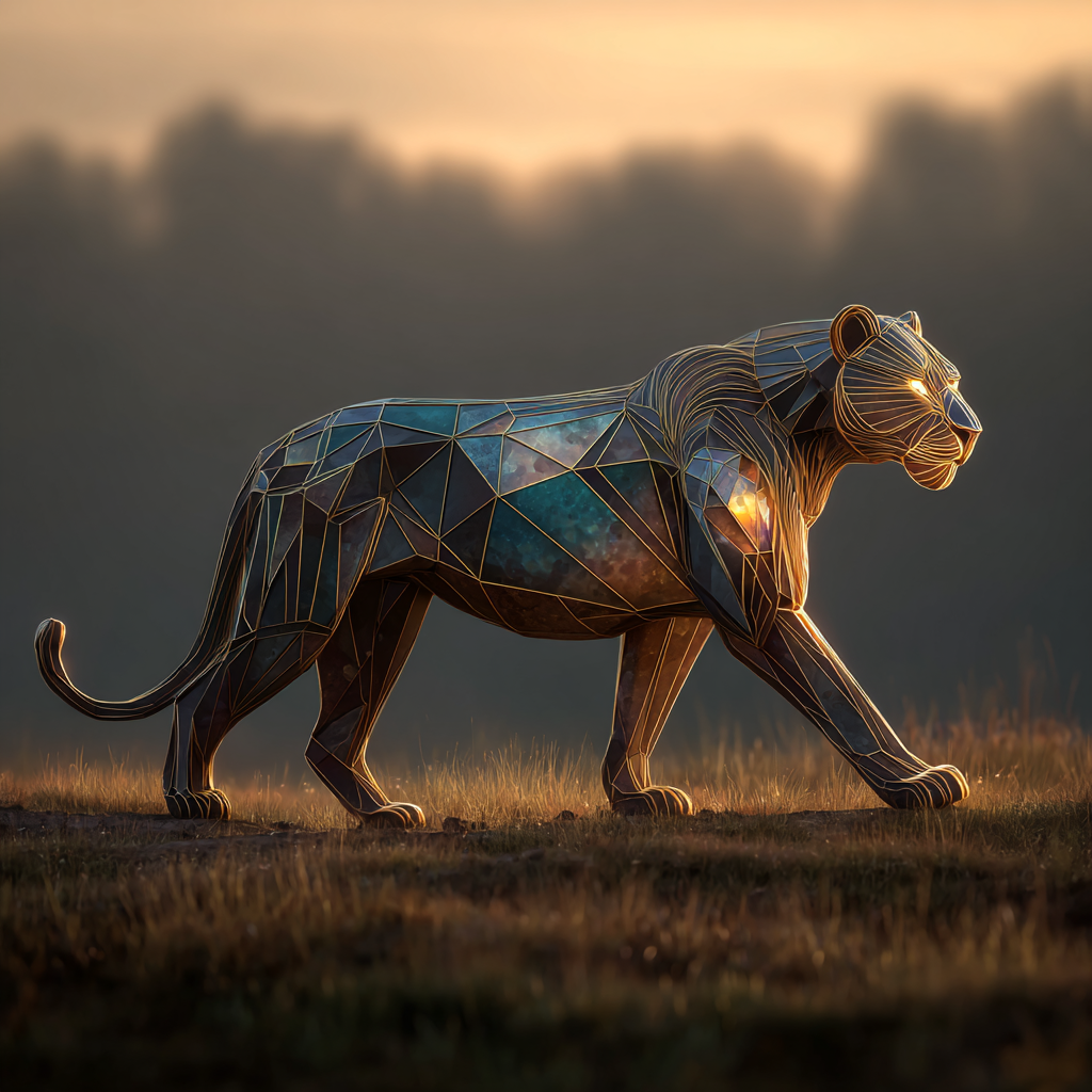 Create image of an elegant lion, its body faceted like a diamond, strolling across a sunlit savannah.