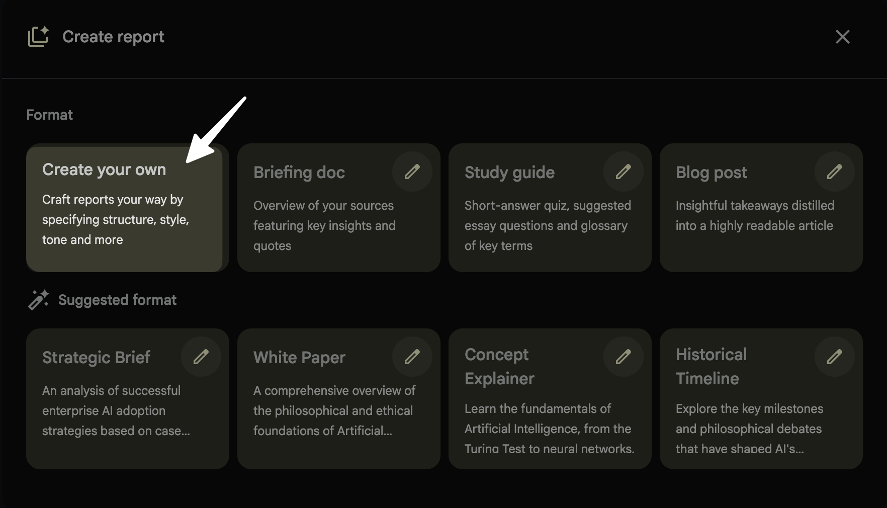screenshot of create your own option in reports