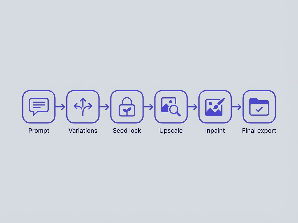 Workflow diagram: Prompt → Variations → Seed lock → Upscale → Inpaint → Final export, 20 Advanced Tricks for AI Image generat