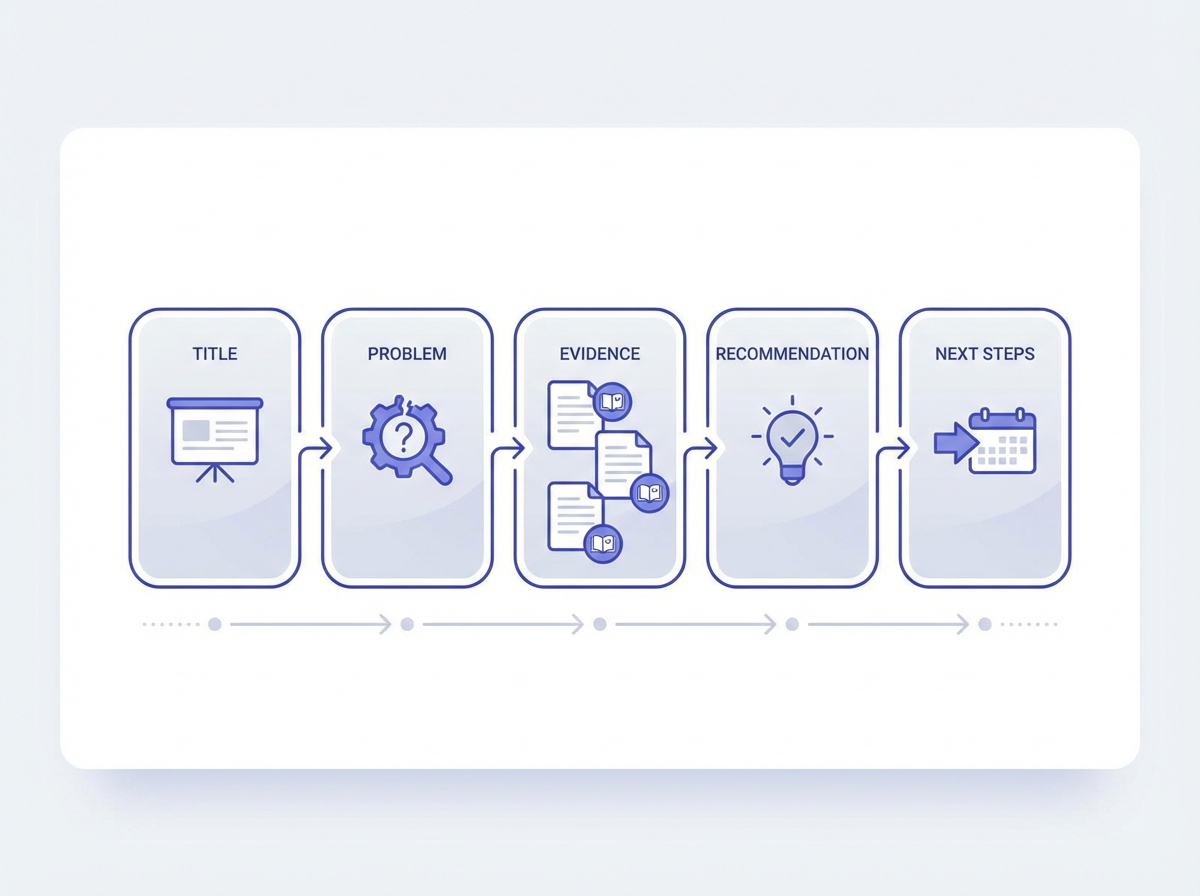 How to create Slide deck in NotebookLM (using its settings): flow diagram Title→Problem→Evidence→Recommendation→Next Steps wi