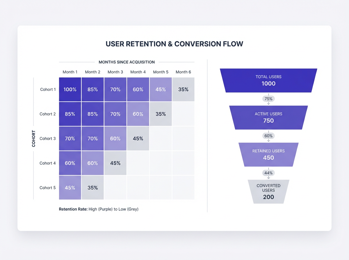 Cohort heatmap beside funnel chart in brand colors, labeled; 20 Nano Banana Pro Prompts for Business (Data visualization, Inf