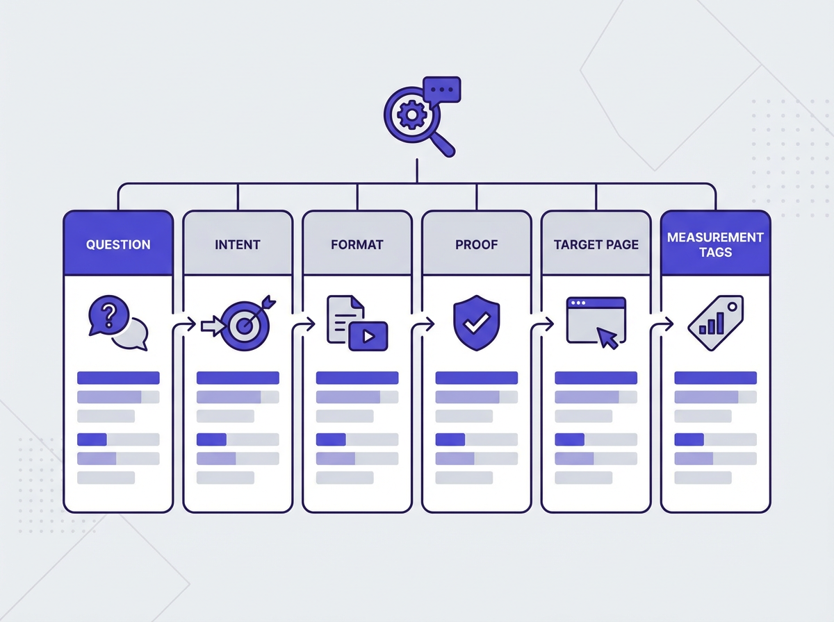 How to Build an AEO Strategy for 2026 (From Content to Measurement) query map with question, intent, format, proof columns
