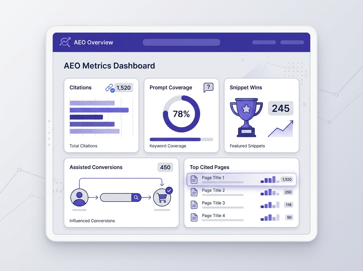 How to Build an AEO Strategy for 2026 (From Content to Measurement) dashboard with citations, coverage, wins, conversions