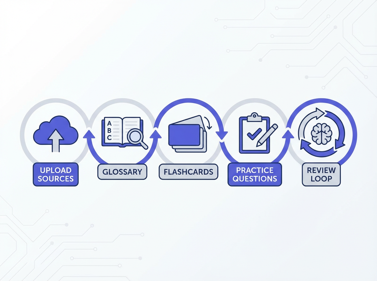 10 NotebookLM Hacks You must Know: Study Guide Mode workflow—upload sources, glossary, flashcards, practice questions, review