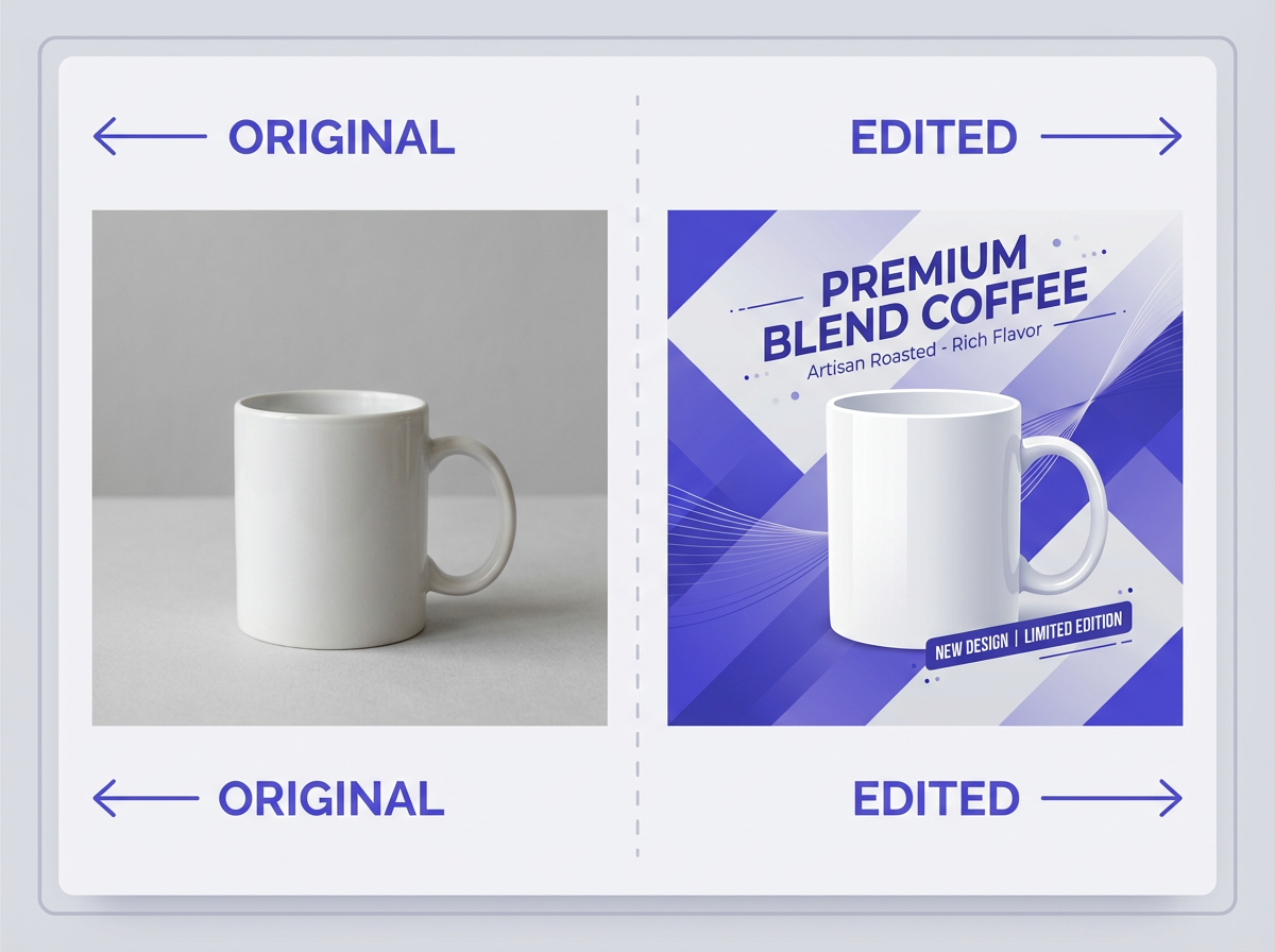 Before-and-after product photo edit; left original, right background swapped with added text — GPT Image 1.5 Prompting Guide