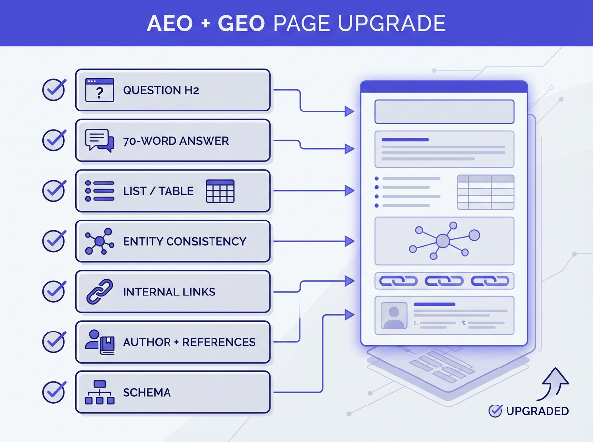 AEO vs GEO: Detailed Guide on Key Difference and Best Practices checklist infographic for page upgrades: H2, answer, links, s